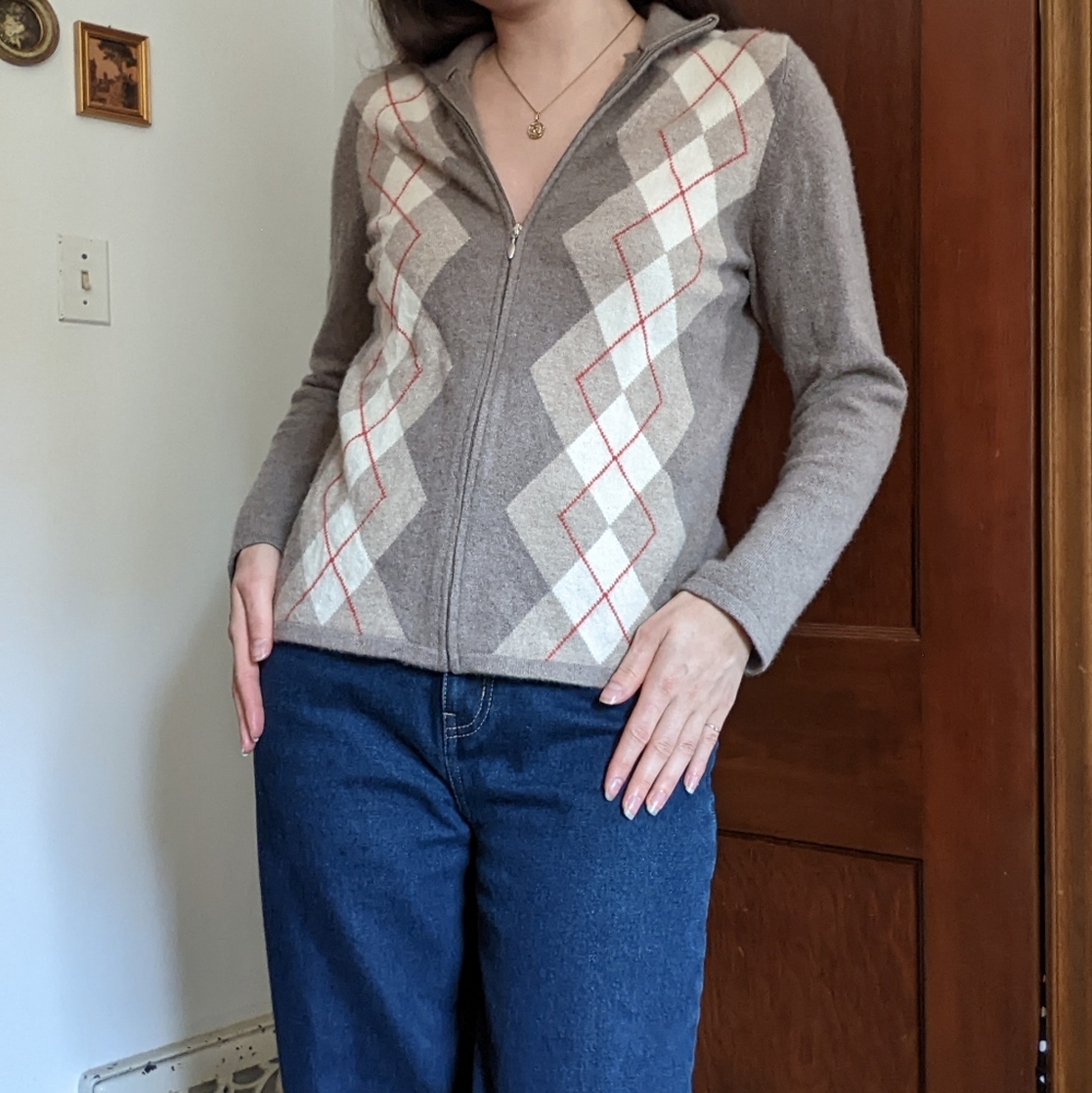Cashmere Argyle Zip Up Sweater